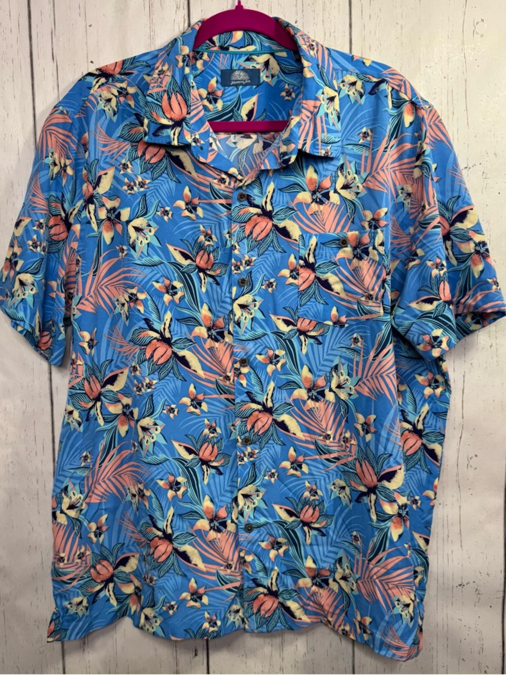 Havana Jim Tropical Hawaiian Button Up Shirt Blue Floral Mens XL Resort Vacation
